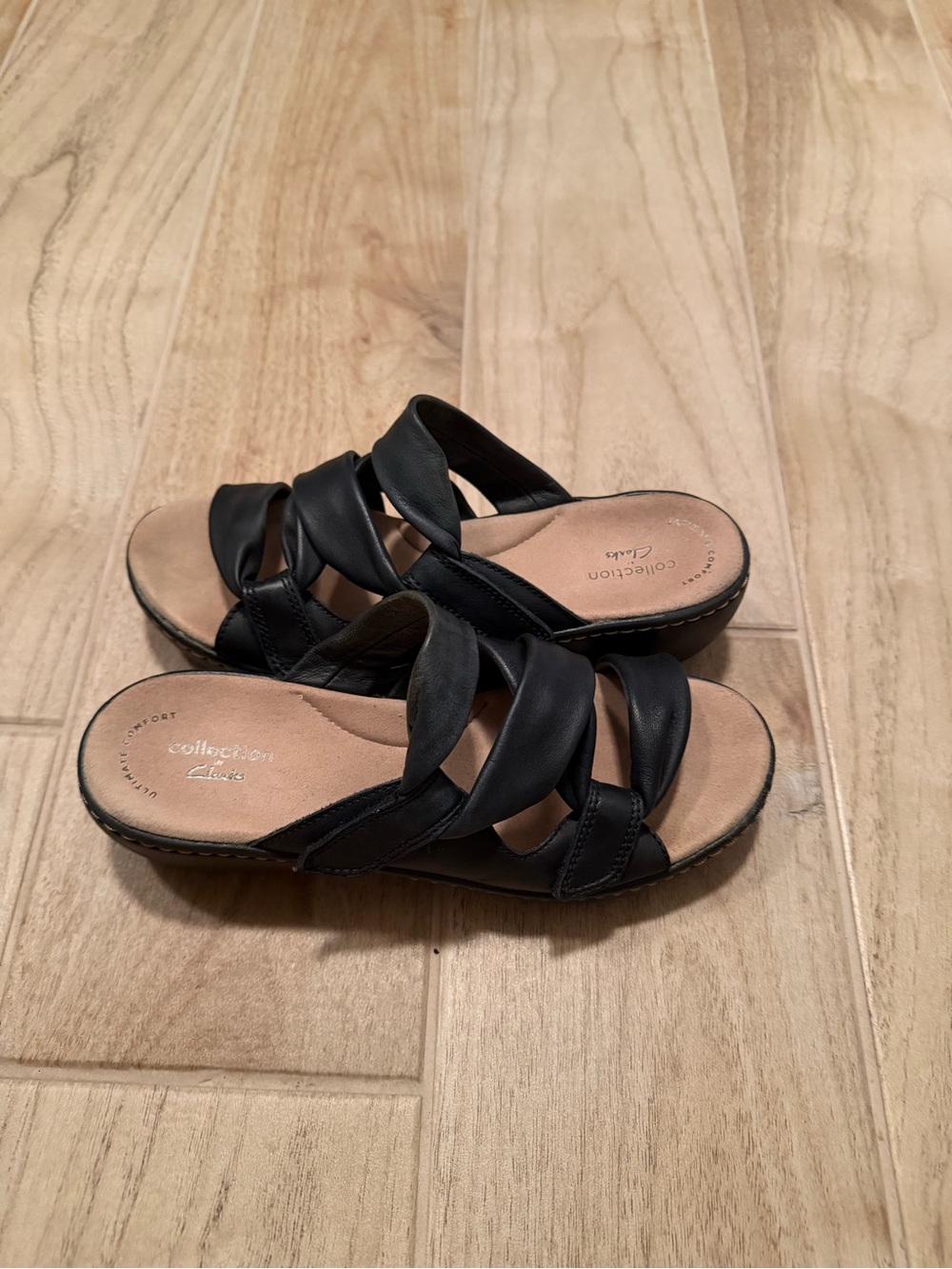 Clarks Black Leather Slide Sandals